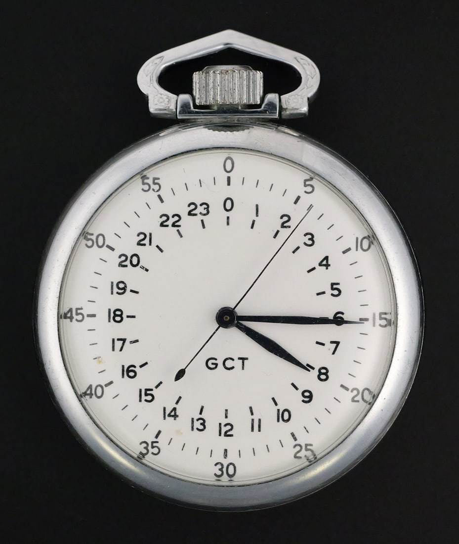 1941 Elgin 21J Military Navigation Watch A-13: Elgin U.S. Army Air Corps Type A-13 military navigation pocket watch manufactured in 1941. Features a 50mm chrome-plated nickel case by the Illinois Watch Case Co., white military dial with 24-hour in