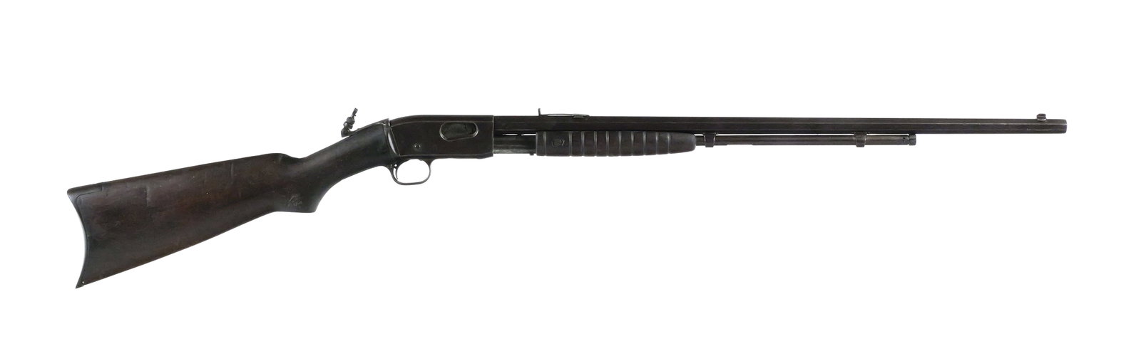 Remington Model 12 .22 Pump Rifle: Remington Model 12 pump-action rifle chambered for .22 Short, Long and Long Rifle. Serial number 410087 (1917). Features a 24" octagon barrel, tube-fed magazine and Lyman receiver peep sight. Measures