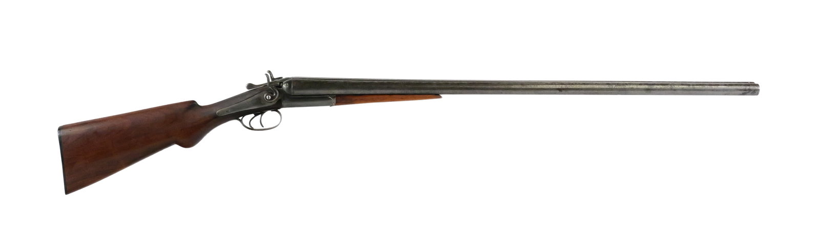 Royal Gun Works Double Hammer 12 Ga Shotgun: Antique side-by-side double-barrel hammer shotgun by Royal Gun Works chambered in 12 gauge. Serial number 12764 appears on the barrels, forend and water table. Features approximately 32-1/4" barrels