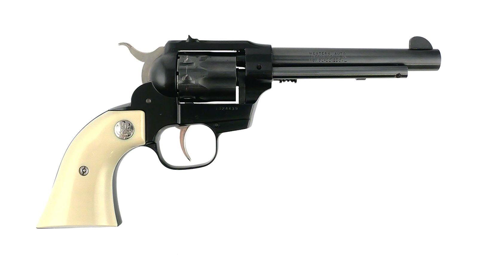 Revelation Model 76 .22 Revolver w/ Box: Revelation Model 76 single action revolver, serial number 1324439, chambered in .22 LR. Features a 5-1/2" barrel, blued finish, fixed sights and white imitation ivory grips with Revelation medallions.
