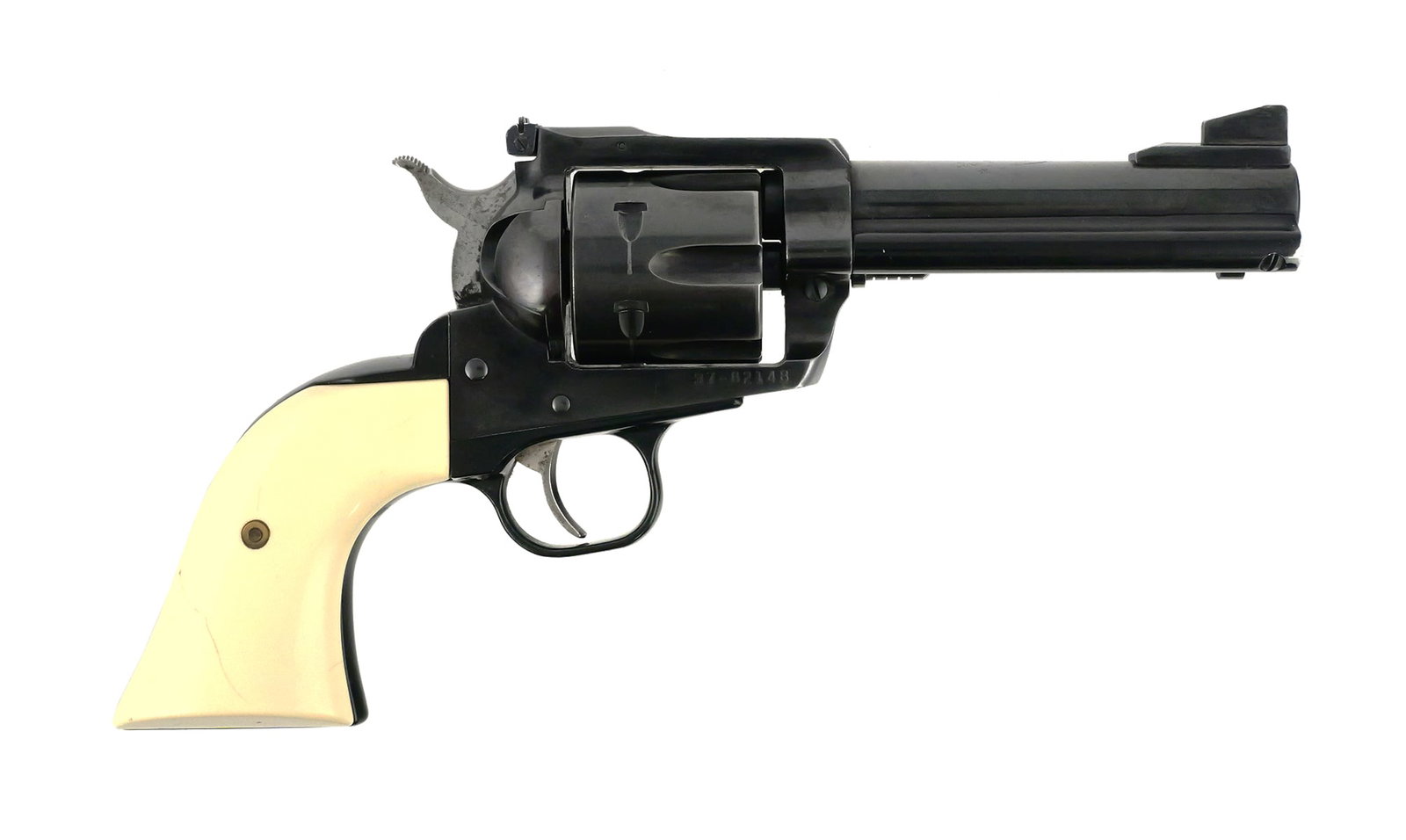 Ruger New Model Blackhawk .357 Mag Revolver: Ruger New Model Blackhawk single action revolver chambered in .357 Magnum, serial number 37-82148. Features a 4-3/4" barrel, blued finish, fixed sights and aftermarket faux ivory grips. This item can 