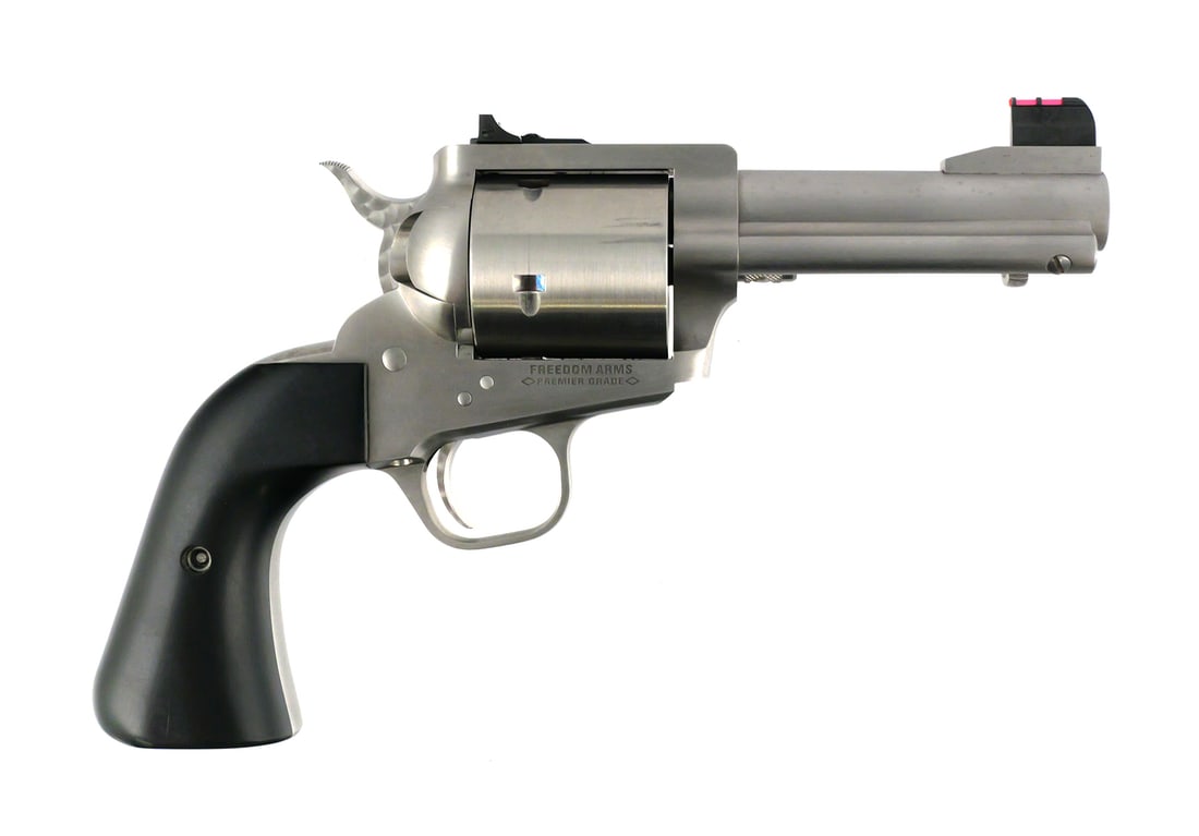 Freedom Arms Model 83 .357 Revolver w/ Box: Freedom Arms Model 83 Premier Grade single-action revolver chambered in .357 Magnum. Stainless steel construction with 4-inch special-order barrel, adjustable sights, round-butt grip frame and special