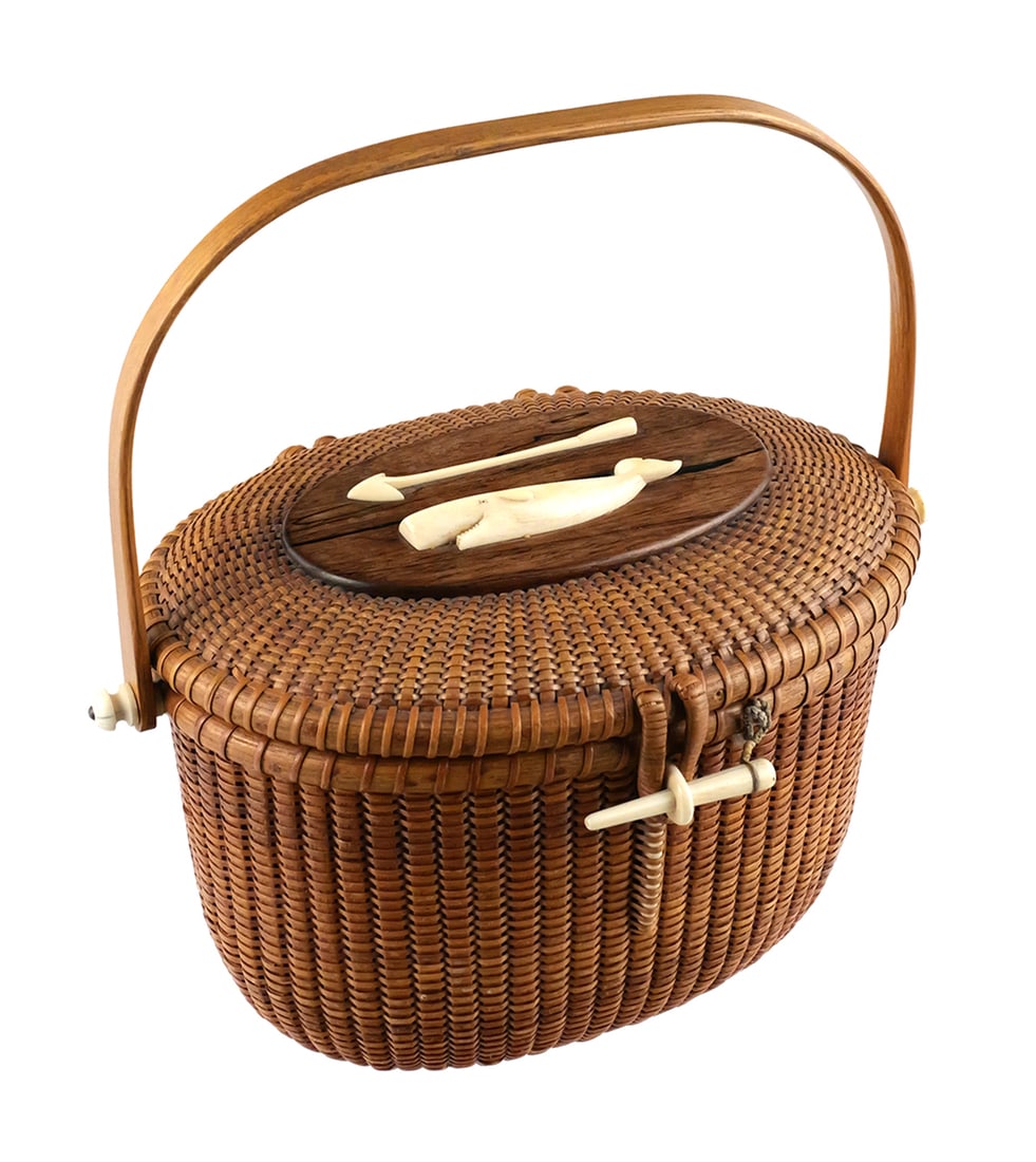 Stephen Gibbs Nantucket Basket w 1962 Letter: A most remarkable example of Nantucket basketry by Stephen S. Gibbs (American, 1896-1974). Gibbs and his wife operated a basket shop from 1954-1974, and according to the Nantucket Historical Associati