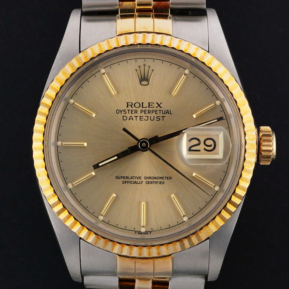 ROLEX Datejust Ref. 16013 Two-Tone Wristwatch: Rolex Oyster Perpetual Datejust automatic wristwatch, reference 16013, serial number 9579827. Stainless steel and 18K yellow gold case measuring approximately 36 mm with fluted yellow gold bezel and