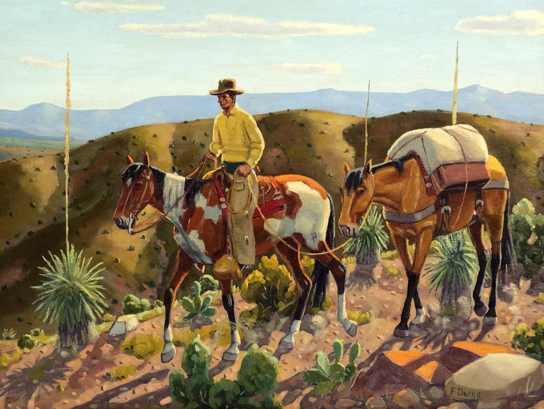 FRED DARGE Cowboy on Horseback Painting: Oil on canvas board painting of a man with two horses in a desert landscape, titled "On the Trail to the Cow Camp" by Fred Darge (American, 1900-1978), board measures 12" x 16" frame measures 15-1/4"