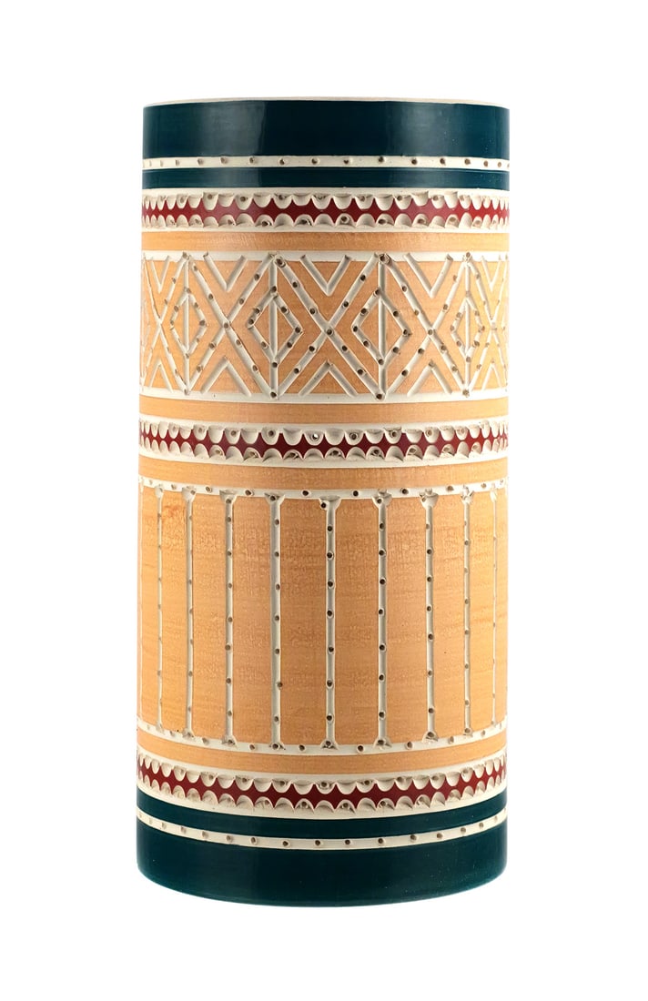 BEAUMONT MOOD Wall Sconce, Texas: Vintage Martha & Beaumont Mood (San Antonio, Texas) Ceramic Wall Sconce with polychrome glaze, carved and perforated accents, signed. Measures approx 17-1/2" tall, 8-1/4" wide, 5-1/2" deep. Pre-wired.