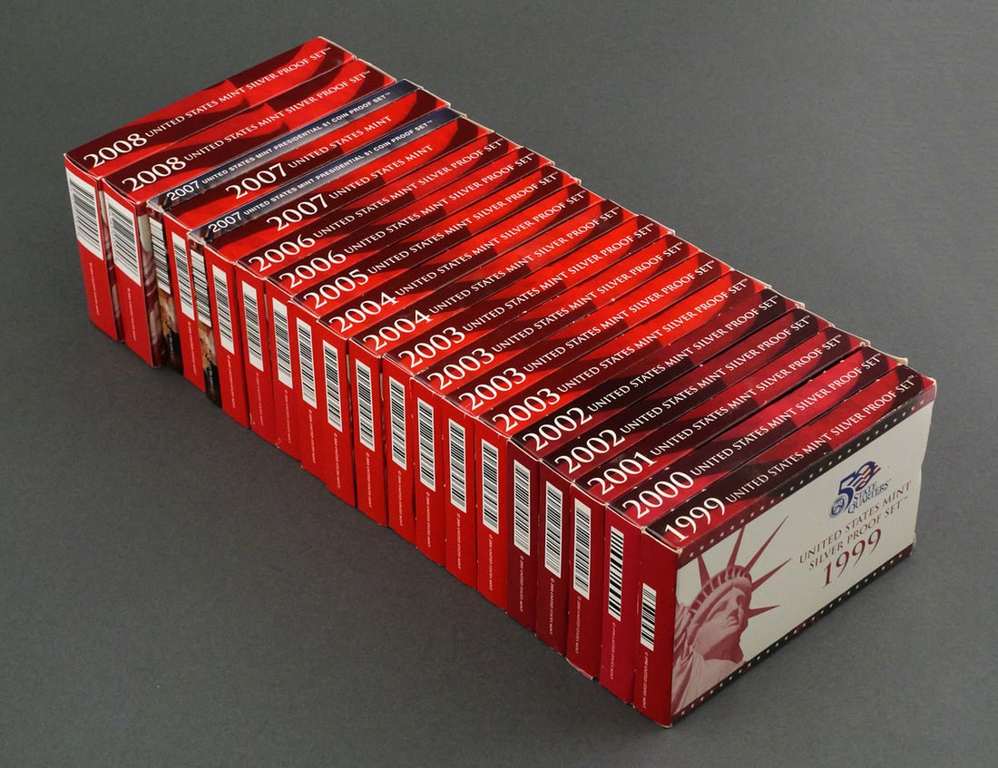 (18) U.S. Mint SILVER Proof Sets, 1999-2008: A total of 18 silver proof sets from 1999 to 2008. One each 1999-2001 and 2005, two each of 2002, 2004, 2006-2008 and four 2003. This item can be shipped in-house. Multiple lot combined shipping may r