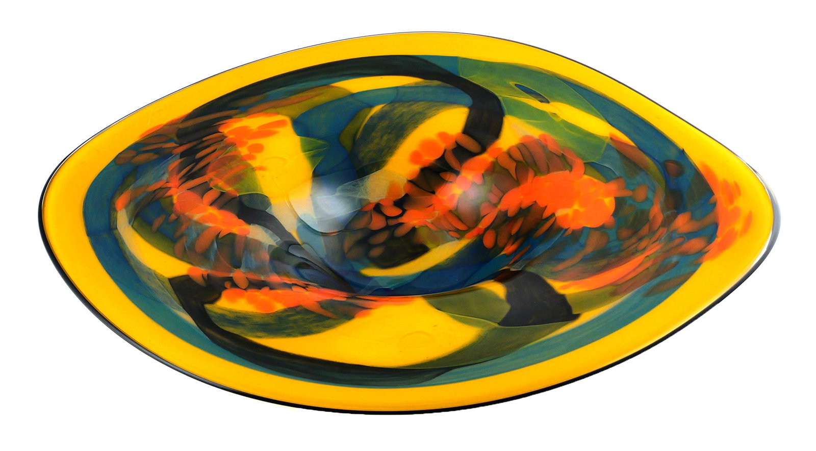 James Nowak Large Studio Art Glass Platter: James Nowak (American, b. 1956), large blown studio art glass platter of shallow free-form oval shape with an irregular rim. Bold painterly abstract decoration in yellow, blue, green, orange and