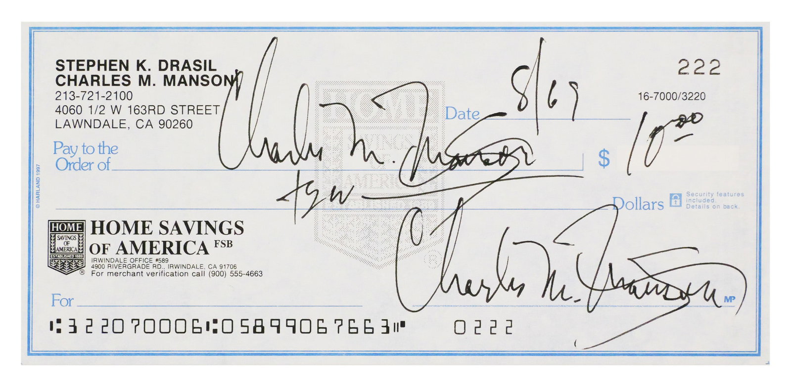 CHARLES MANSON Signed Check: Home Savings of America check bearing the printed names Stephen K. Drasil and Charles M. Manson, Lawndale, California. Made payable to Charles M. Manson for $10 and dated 8/69. Handwritten and signed