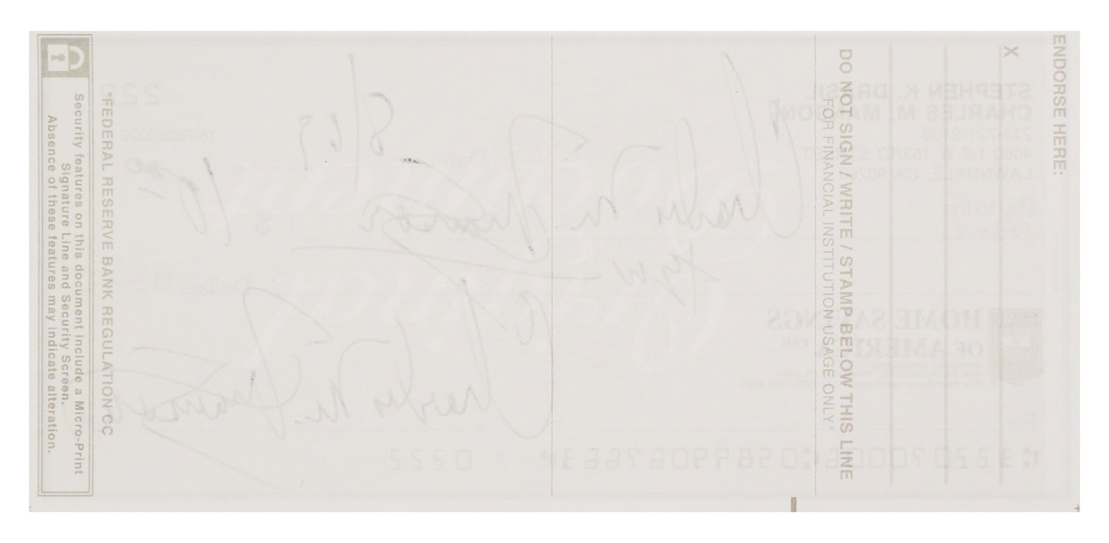 CHARLES MANSON Signed Check - 2
