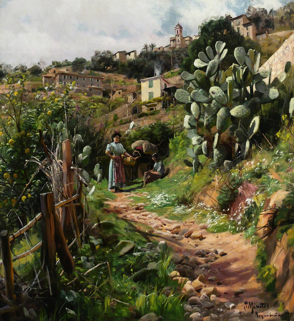 PEDER MORK MONSTED Landscape Painting: Oil on canvas Mediterranean landscape with figures on a trail with a hillside village or town, identified as Roquebrune in the French Riviera, signed lower left, with the location identified and