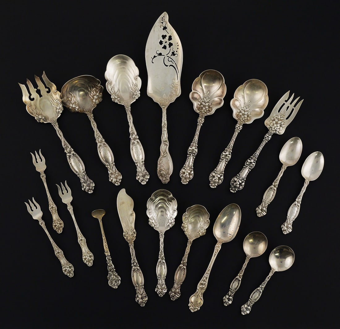 (19) Art Nouveau Sterling Silver Serving Pieces: 19 pieces of sterling silver Art Nouveau period flatware, mostly serving pieces, including Frontenac by Simpson, Hall & Miller. Just over 30.5 Troy ounces. This item can be shipped in-house. Multiple