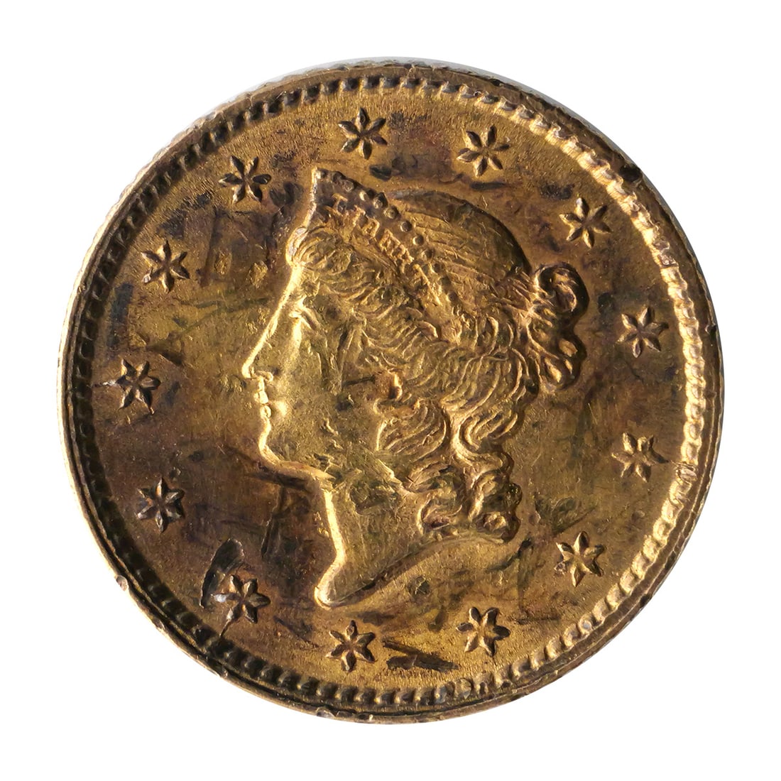 1853 Liberty Head $1 Gold Coin: 1853 Liberty Head $1 gold coin, Philadelphia Mint. 90% gold. This item can be shipped in-house. Multiple lot combined shipping may require 3rd Party shipping.