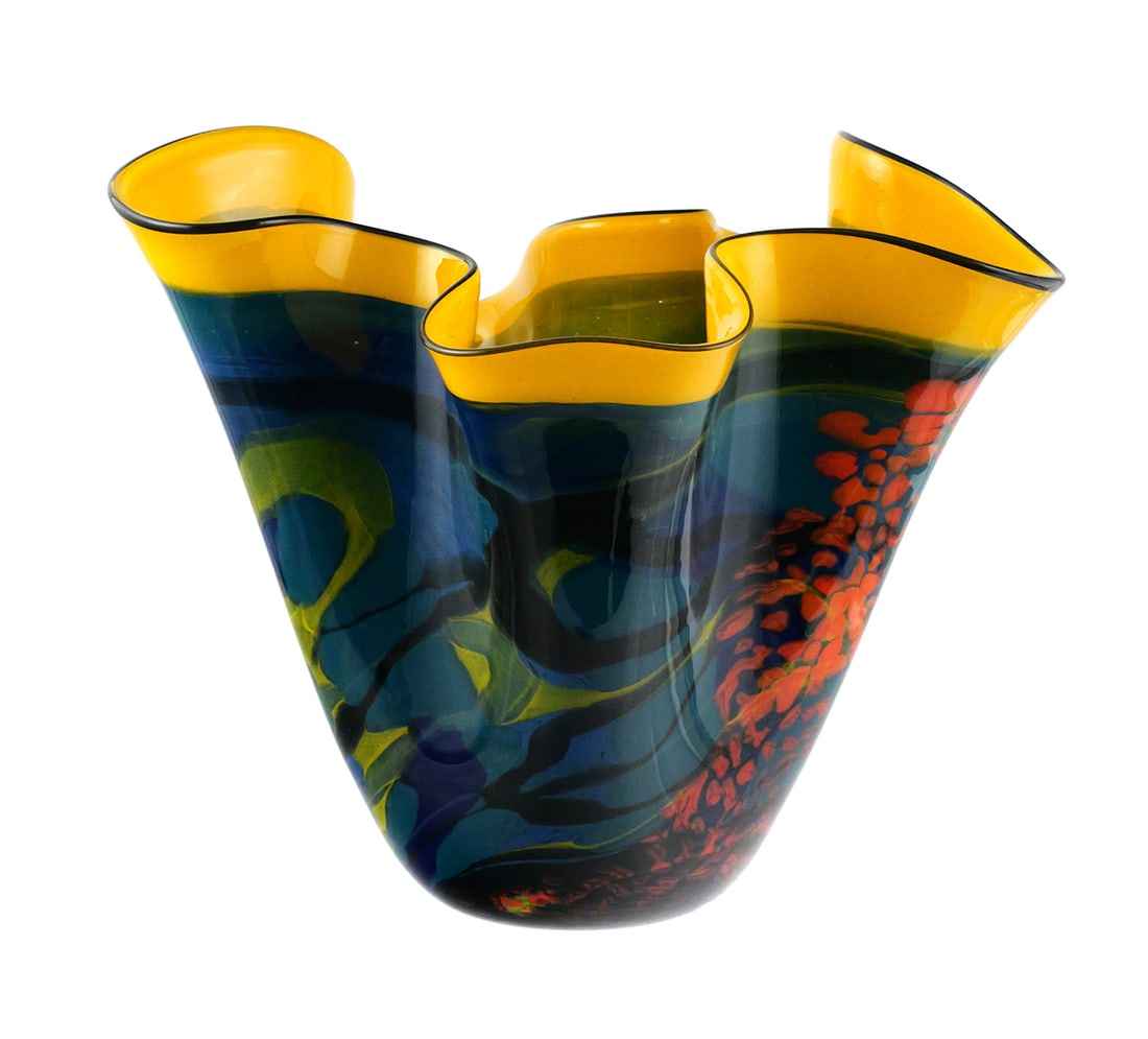 James Nowak Ruffled Studio Art Glass Vase: James Nowak (American, b. 1956), large blown studio art glass vase of free-form flared shape with a deeply ruffled, black-edged rim. Decorated with painterly abstract floral and swirling motifs in
