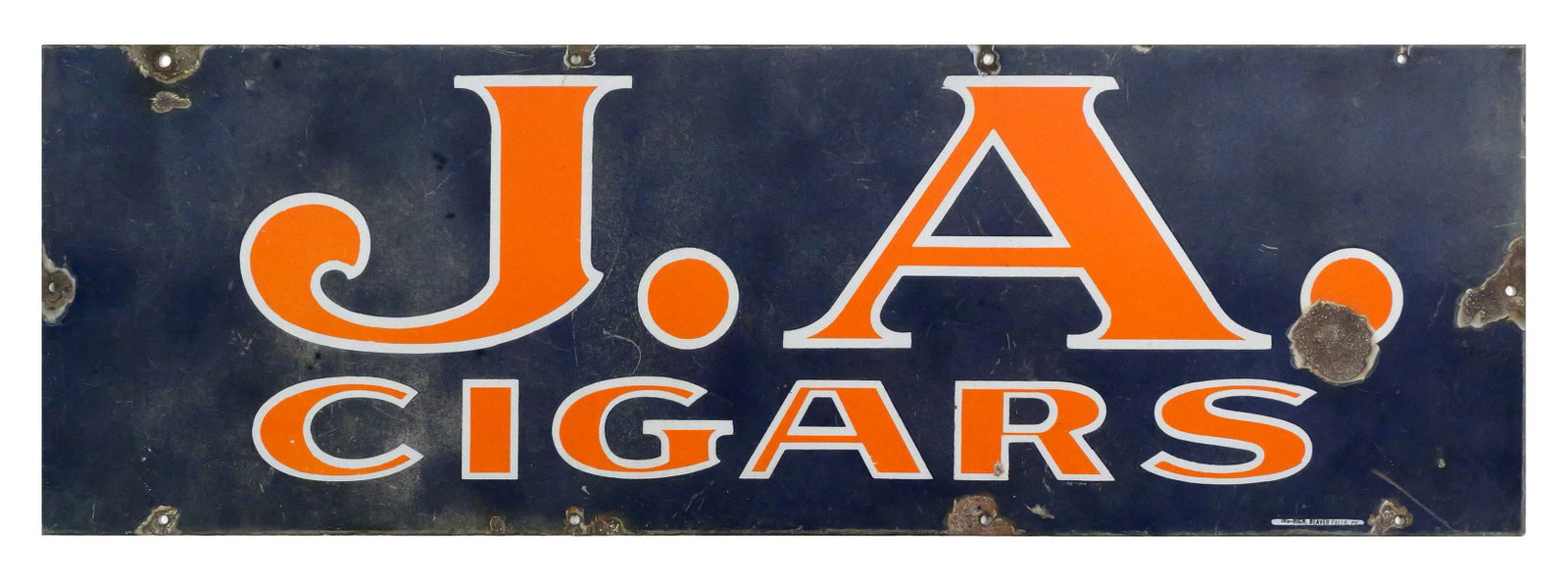 Vintage JA Cigars Porcelain Enamel Sign: Vintage porcelain-enamel advertising sign for JA Cigars, with large orange and white lettering on a dark blue ground. Maker-marked "HUPP-RICH BEAVER FALLS PA." along the edge. Measures approximately