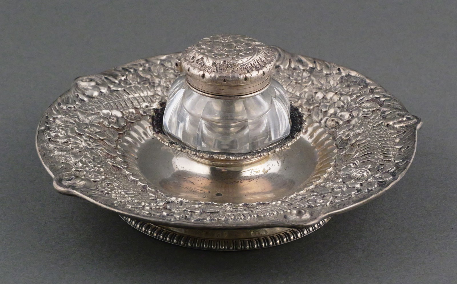 Tiffany & Co Sterling Silver Inkwell: Tiffany & Co Sterling Silver Inkwell. Stand measures approx 6-1/2" in diameter. Monogrammed and marked on the bottom "Tiffany & Co. Sterling Silver". Model number on bottom is partially illegible.
