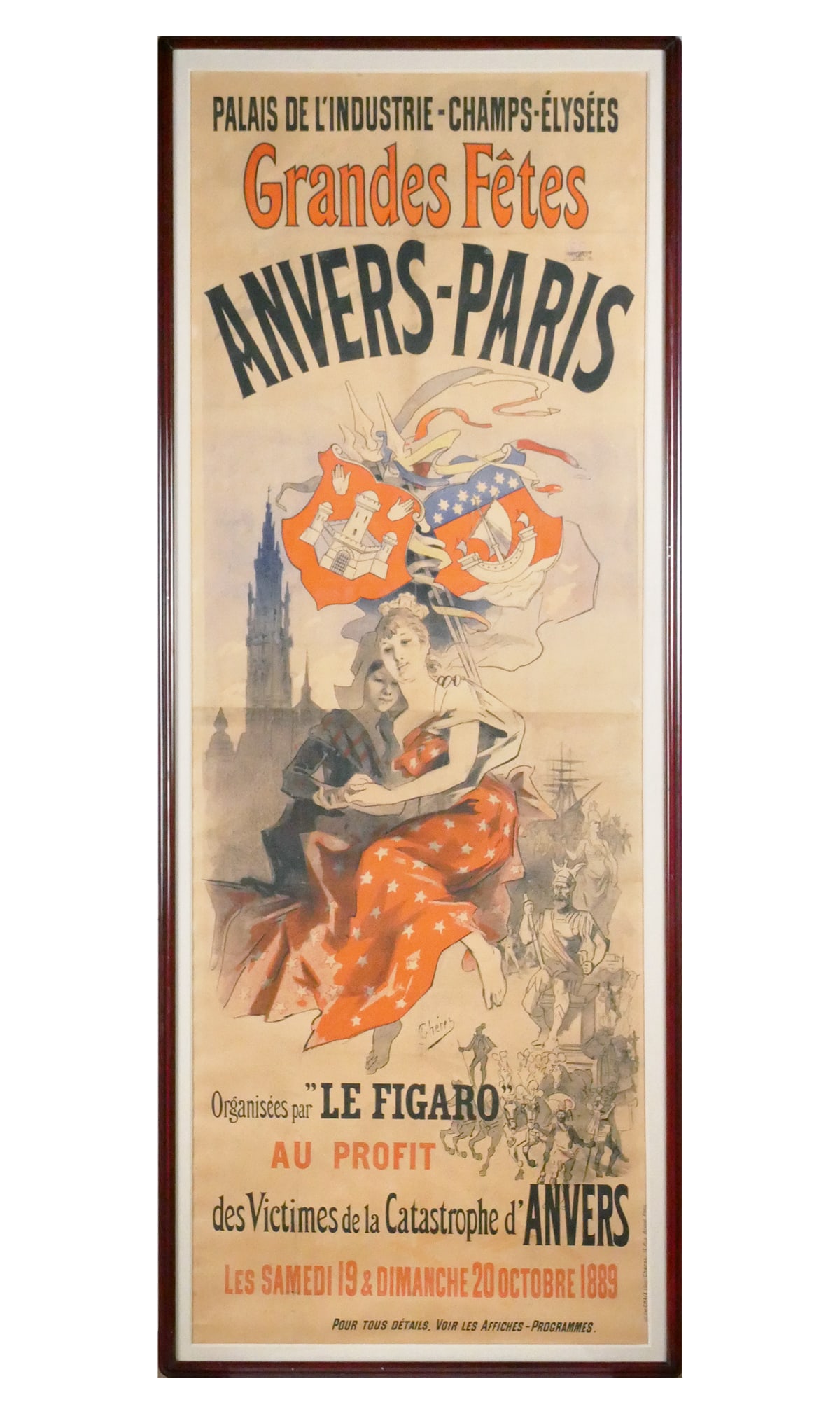 Antique 8-Foot Jules Cheret Poster: Antique Jules Cheret 2-sheet poster for a Parisian fair organized by Le Figaro to benefit the victims of "The Antwerp Catastrophe": On September 6th of that year, an explosion ripped through a