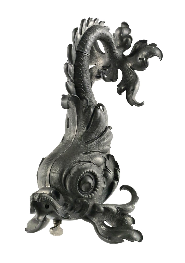 Antique Lavabo Mythical Fish Wall Mount Dispenser: Antique lavabo mythical Rococo dolphin fish wall mount dispenser with original dispenser and tail cap. Measures approx 15" x 6-1/4" x 8". This item will need to be shipped by a packing company of
