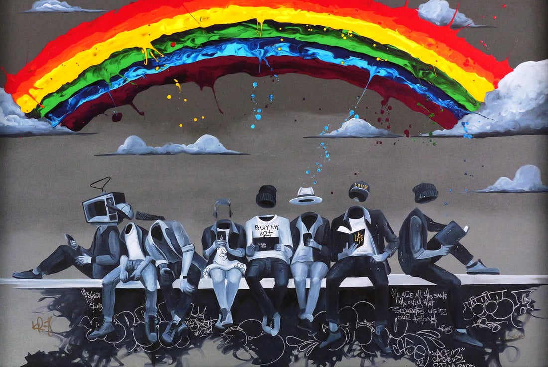 KRE8 Embellished Giclee: Embellished giclee on canvas featuring ghost figures under a rainbow, titled "Committed to Kre8tion" by the artist Kevin "Kre8" Vigil (born 1981). Image measures 18" x 27-1/2" frame measures 23" x