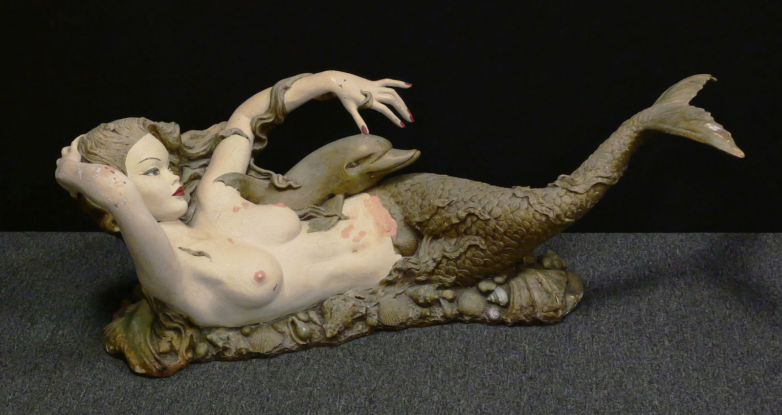 1970s Italian MERMAID Table Base, Signed: Vintage figural nude polychrome cast mermaid coffee table base with dolphin and shells. Signed under the tail "F. Puddu, 1973." Designed for glass table top to rest on mermaid's left wrist, right elbo