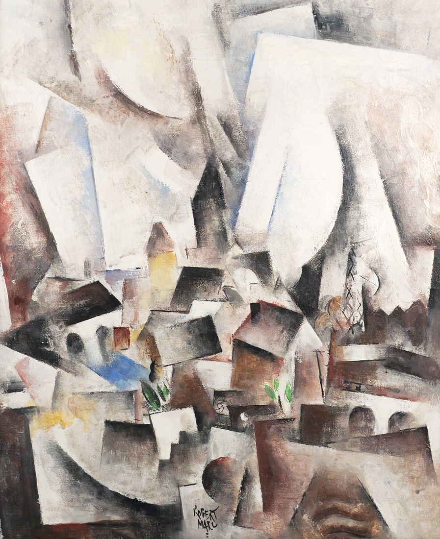 ROBERT MARC Cubist City Painting: Oil on canvas painting featuring an abstract composition of a city, signed lower center Robert Marc (French, 1943-1999). Canvas measures 21-1/2" x 18" frame measures 27" x 23-1/2". This item will