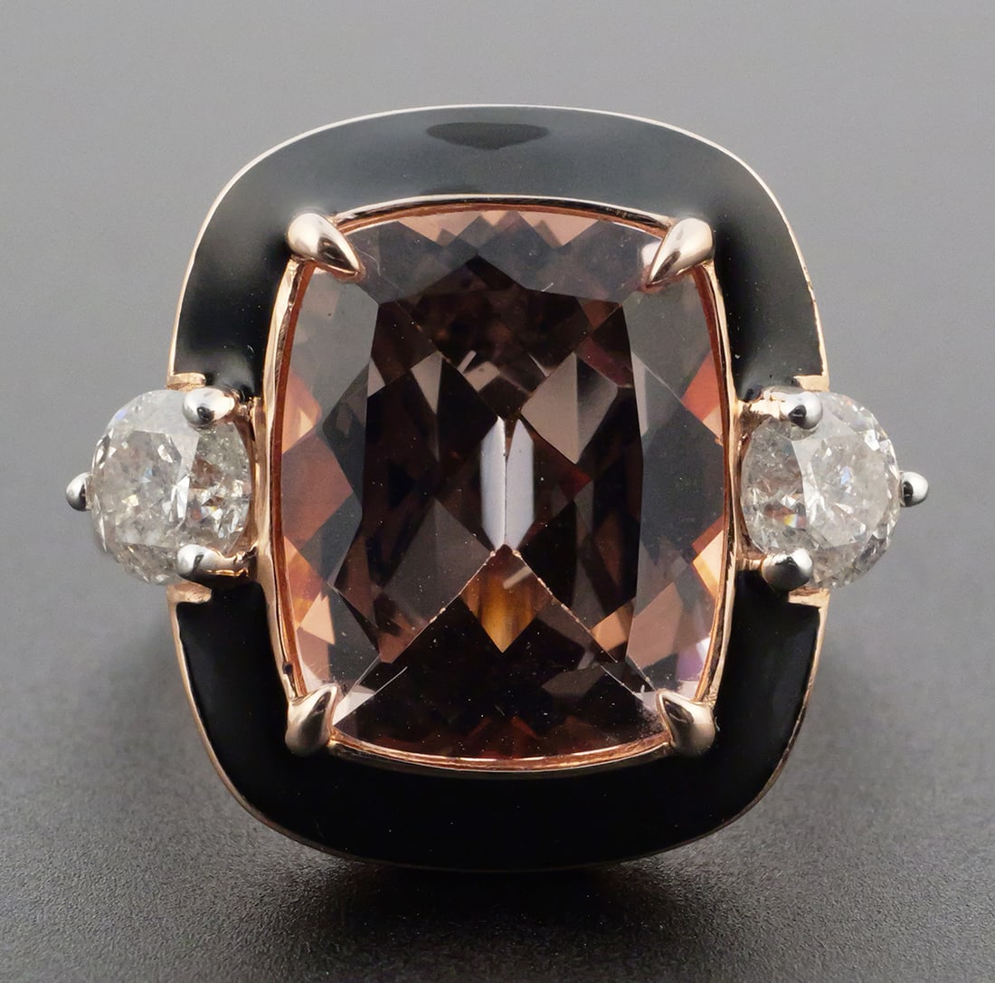 14K Gold Morganite & Diamond Ring: 14K two-tone rose and white gold ring set with a rectangular cushion brilliant-cut natural morganite weighing approximately 4.74 ct. and two round brilliant-cut natural diamonds totaling