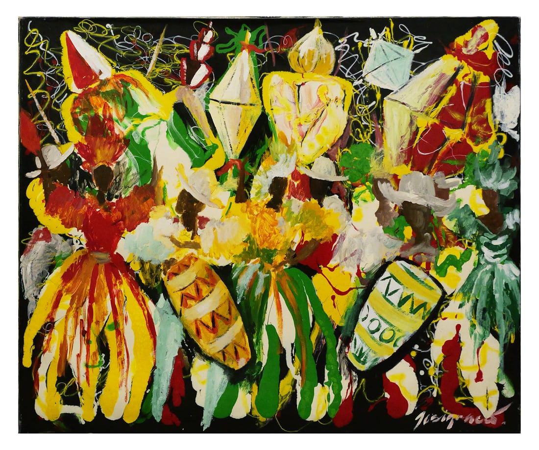 JOSIGNACIO (Cuban, b. 1963), Large Painting: Monumentally important Cuban neo figurative painting by Josignacio. Plastic epoxy resin on canvas painting depicting dancers and musicians. Signed lower right by artist Josignacio (born Jose Ignacio