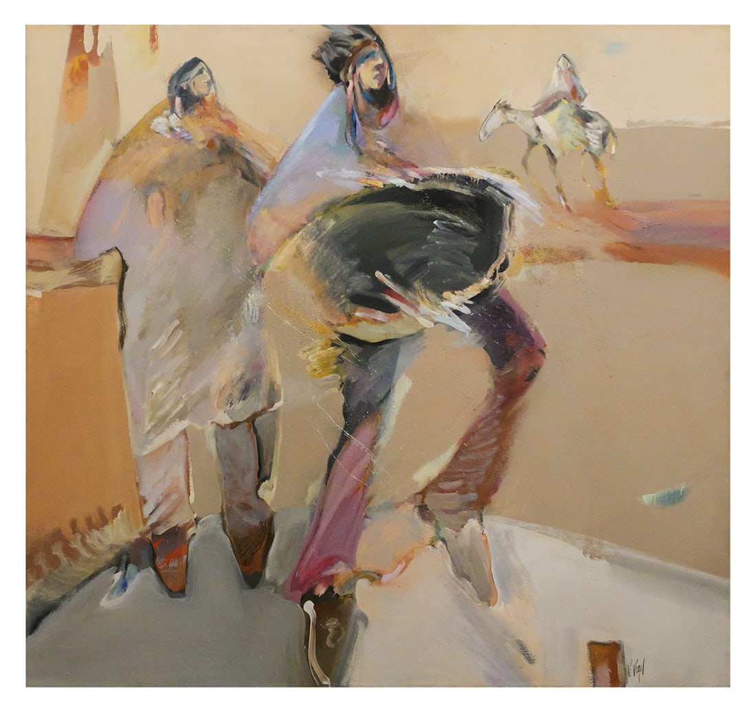 VELOY JOSEPH VIGIL Buffalo Dancer Painting: Acrylic on canvas painting titled Buffalo Dancer by artist Veloy Joseph Vigil (1931-1997), signed lower right V. Vigil, canvas measures 68" x 72". This item will need to be shipped by a packing