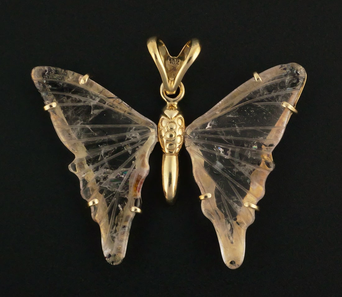18k Gold Butterfly Pendant, Quartz Wings: Stunning 18k yellow gold figural pendant with prong-mounted tourmanlinated quartz wings. Measures about 1-3/4" wide. Weighs 7.2 grams. This item can be shipped in-house. Multiple lot combined