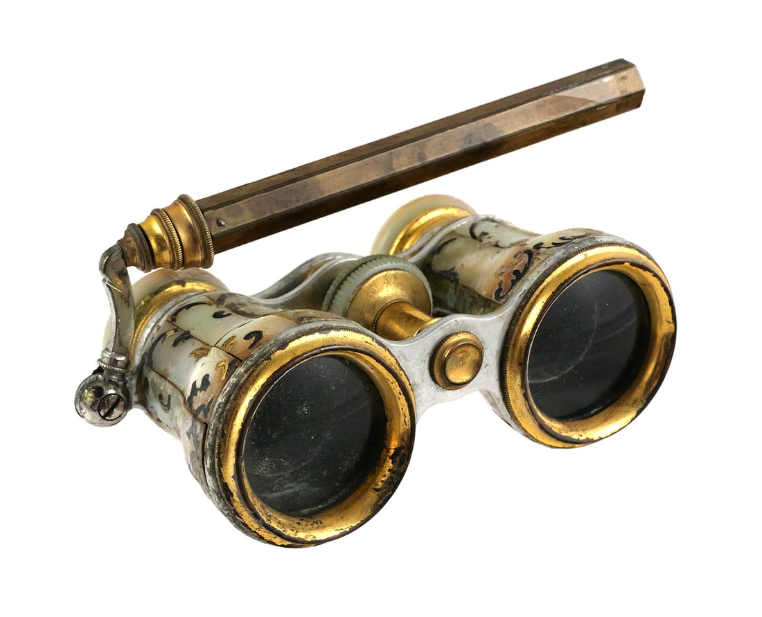 Tiffany & Co Mother of Pearl Brass Opera Glasses: Antique Tiffany & Co Mother of Pearl Brass Opera Glasses Binoculars with Handle, circa 1880s. This item can be shipped in-house. Multiple lot combined shipping may require 3rd Party shipping.