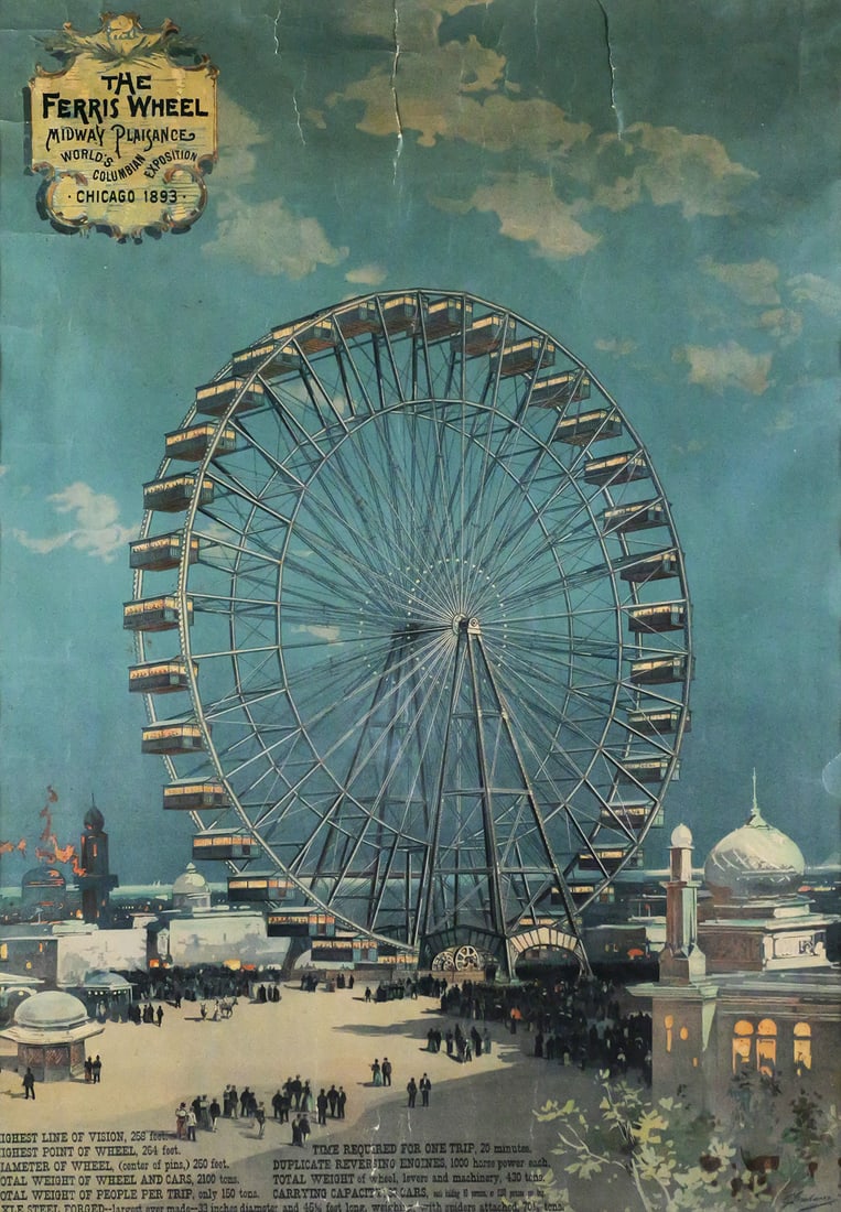 Rare 1893 WORLD'S FAIR Ferris Wheel Poster: Exceedingly rare, large promotional poster featuring the Ferris Wheel on the Midway that debuted at the 1893 World's Columbian Exposition in Chicago, image was designed by Charles Graham. Image size