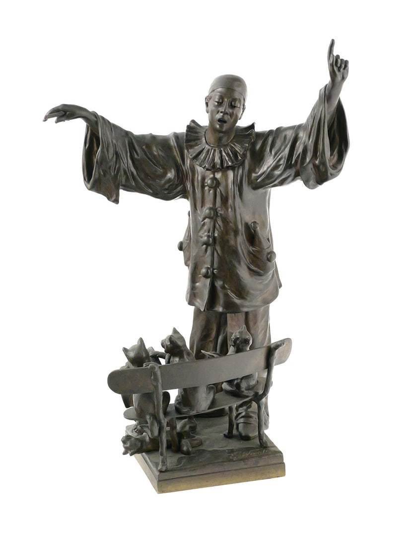 Ernest Wante "The Singing Lesson" Bronze: After Ernest Wante (Belgian, 1872-1960), "The Singing Lesson" (La Lecon de Chant), patinated bronze sculpture depicting Pierrot conducting an orchestra of four cats playing musical instruments.