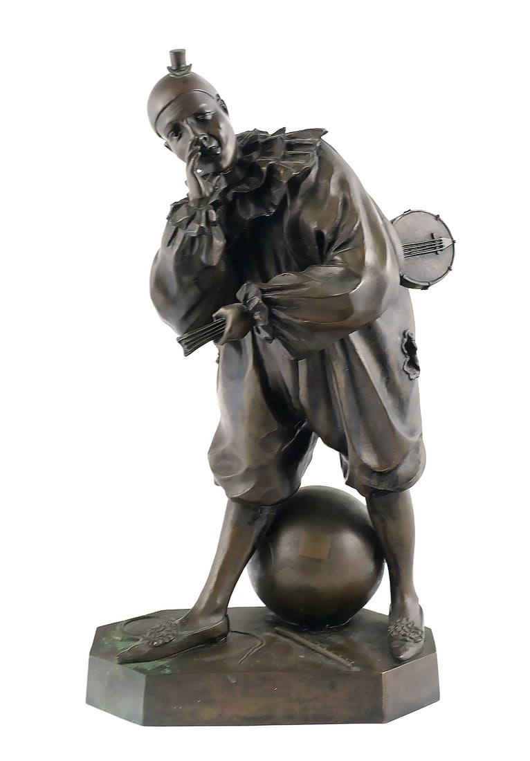 Victor Emanuel Boucneau "Pierrot" Bronze: Bronze sculpture by Victor Emanuel Boucneau (English, 1863-1934), depicting Pierrot in costume holding a mandolin. Signed and dated "V. Boucneau 1888" on the base and stamped "J. Petermann