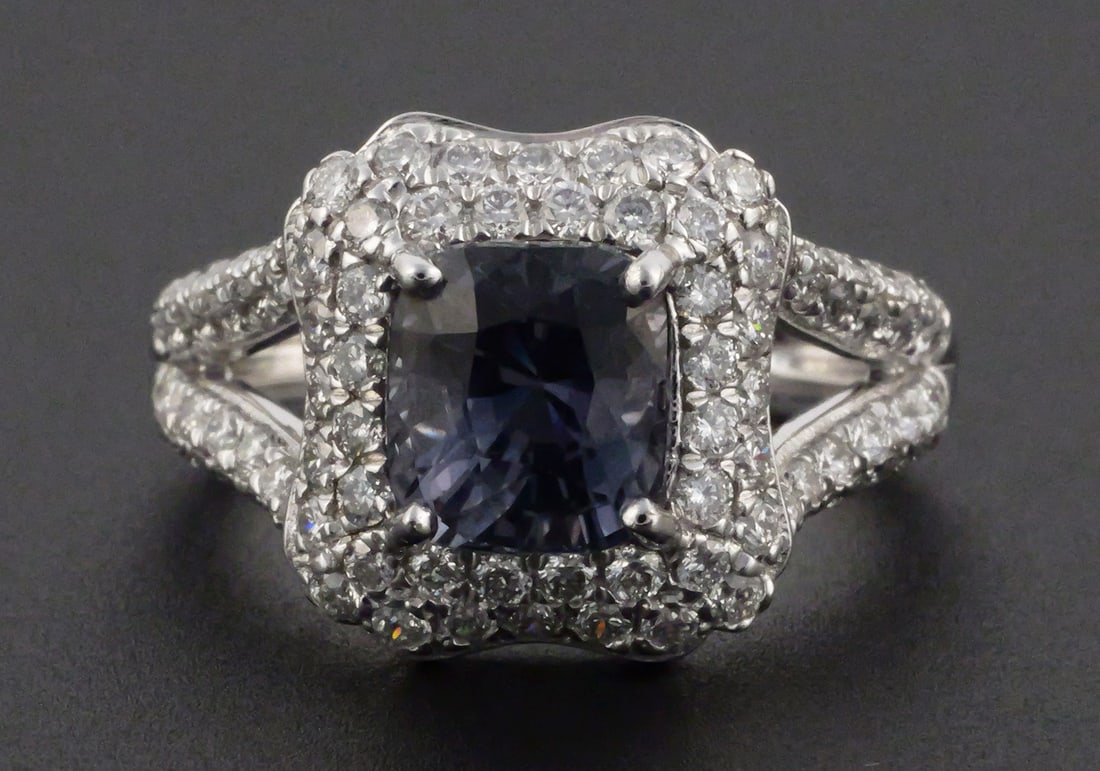 Platinum GIA Color Change Spinel Diamond Ring: Platinum 900 ring set with a GIA-certified 2.03 ct. cushion-cut natural color change spinel, gray-violet to gray-purple, with no indications of heating, and 92 round brilliant-cut natural diamonds