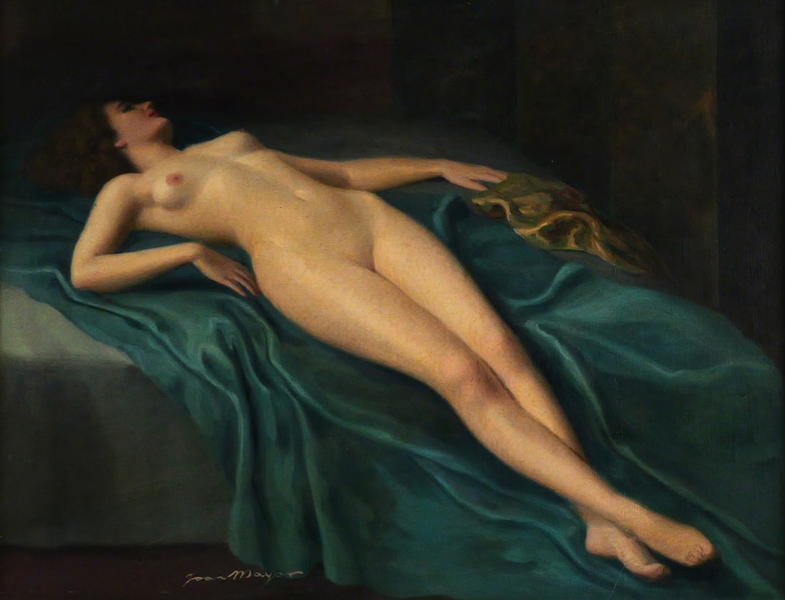 JOAN MAYOR Reclining Nude Painting: Oil on canvas painting of a reclining nude woman titled "Nude Allongee on Blue" by the artist Joan Mayor (French/American, 1890-1970), signed lower left. Canvas measures 20" x 25-1/2" frame measures