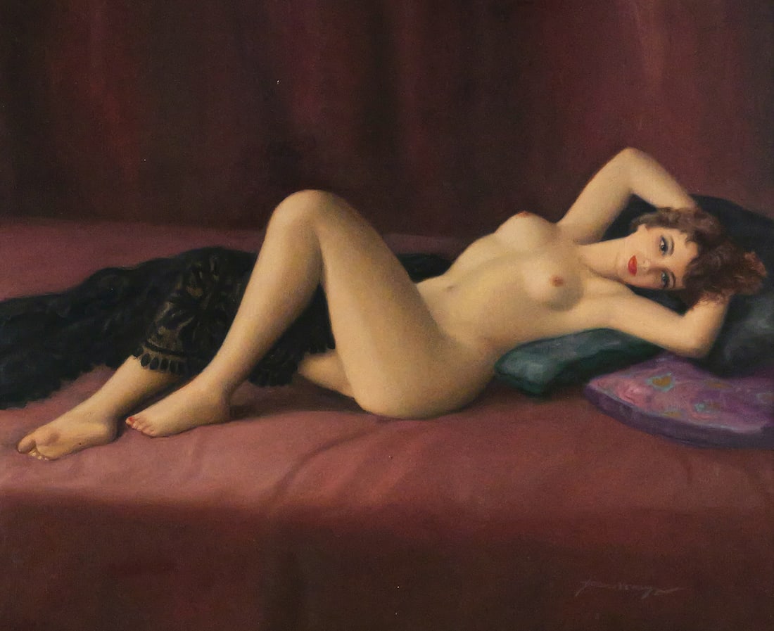JOAN MAYOR Reclining Nude Painting: Oil on canvas painting of a reclining nude woman titled "Reclining Nude with Blanket" by the artist Joan Mayor (French/American, 1890-1970), signed lower right. Canvas measures 18" x 22" frame