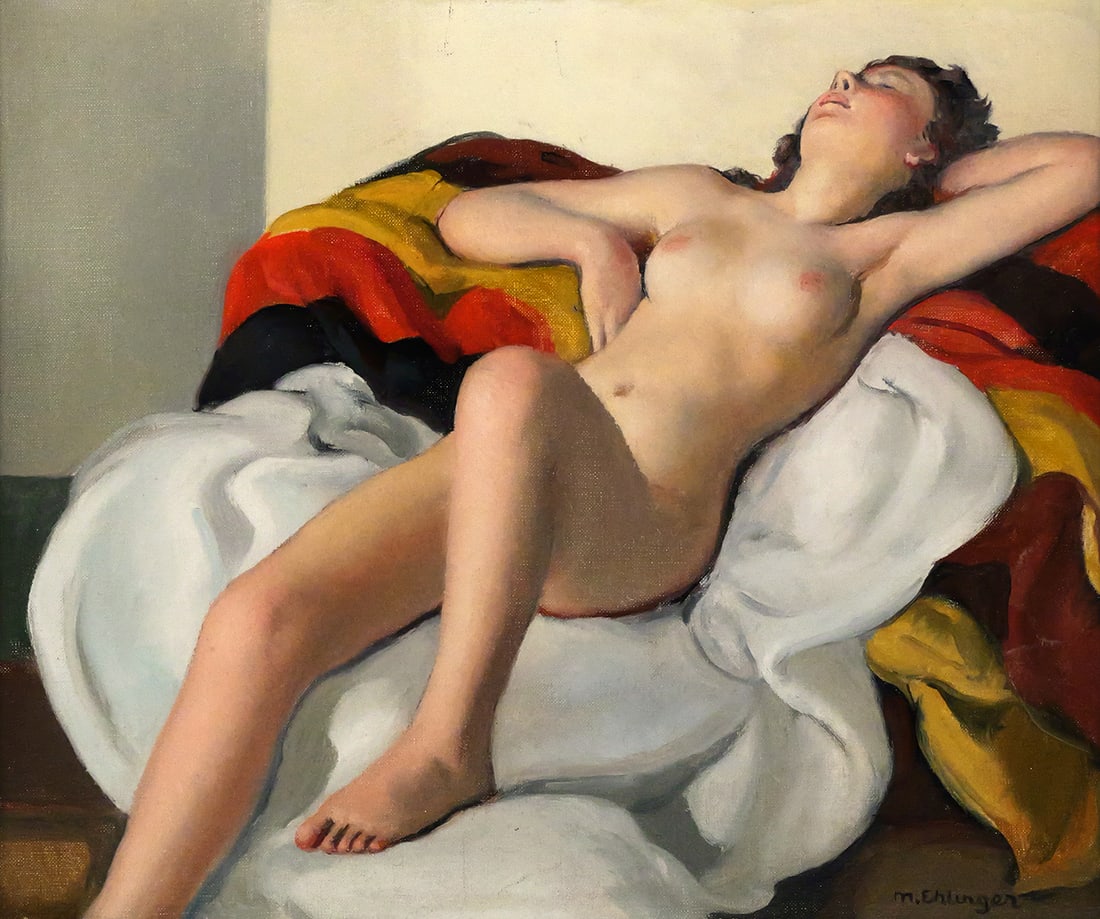 MAURICE EHLINGER Nude Woman Painting: Oil on canvas painting of a reclining nude woman, signed lower left M. Ehlinger (French, 1896-1981), canvas measures 18" x 21-1/2" frame measures 25" x 28-1/2". This item will need to be shipped by a