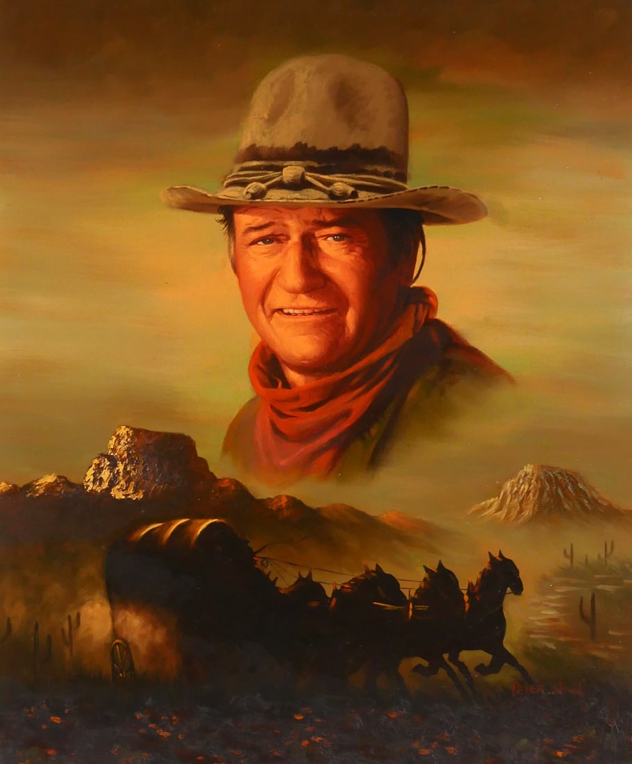 PETER SHINN, John Wayne Oil on Canvas: Original oil painting of The Duke by Peter Shinn. Measures 23-1/2" x 19-1/2" visible in 34" x 30" frame. This item will need to be shipped by a packing company of your choice. We maintain a list of