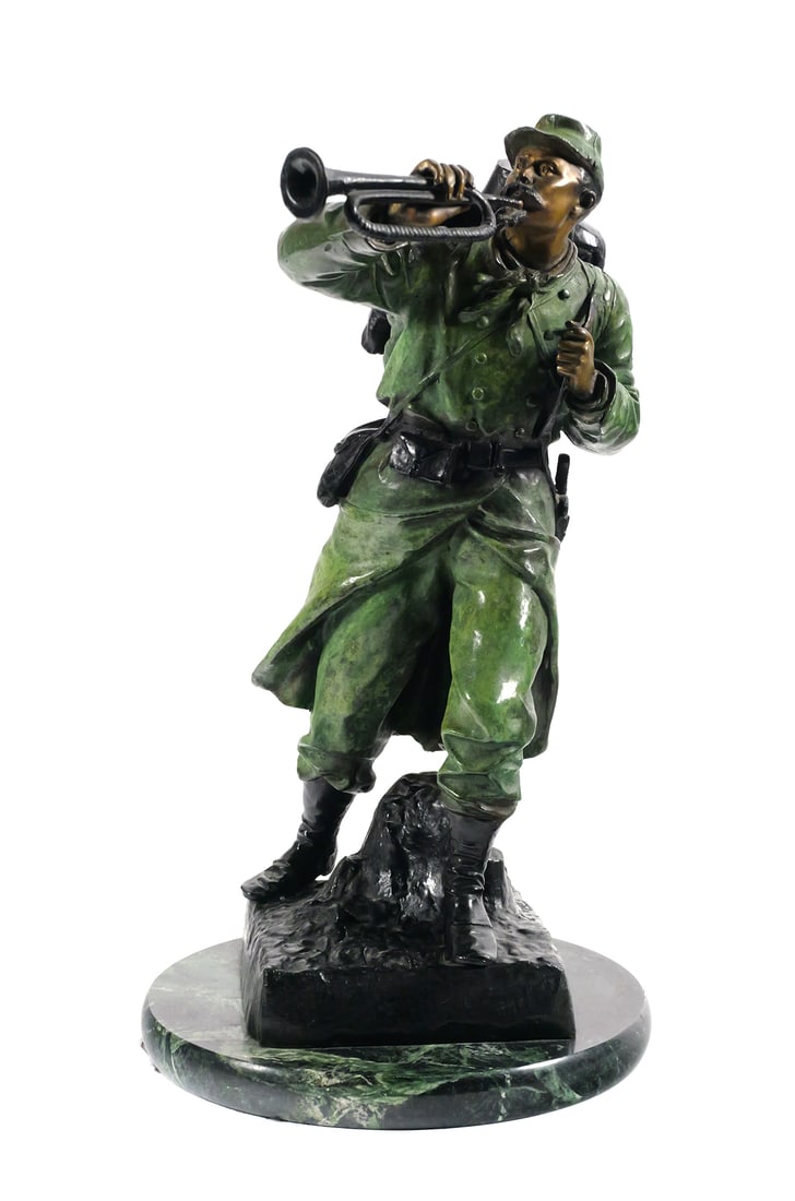 JEAN-LOUIS GREGOIRE, Bronze Soldier Statue: Dramatic patinated bronze statue of a 19th century French military bugler, signed L. Gregoire. Sculptor was Jean-Louis Gregoire (French, 1840-1890). Measures approx 19-3/4" tall, 11" wide base. This