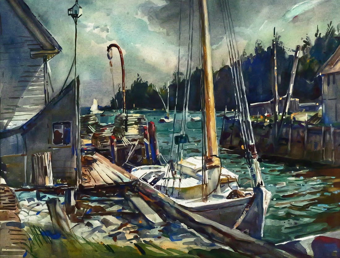 W. LESTER STEVENS Harbor Painting: Watercolor on paper of a harbor scene featuring docked boats and wooden structures with moored boats in the background, signed in pencil lower left W. Lester Stevens (American, 1888-1969), NA