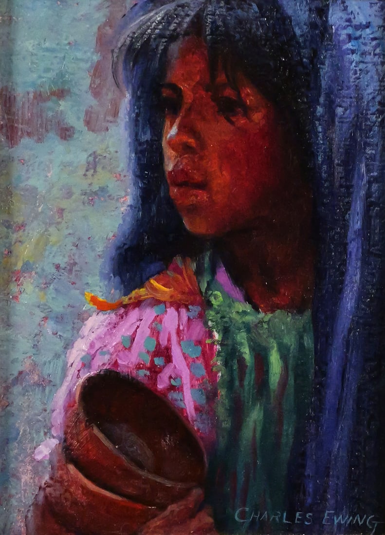 CHARLES EWING Portrait of Girl Painting: Oil on canvas board painting of a young woman holding bowls by Charles Kermit Ewing (American, b. 1945). Signed lower right Charles Ewing, image measures 7-1/2" x 5-1/2" frame measures 17" x 15".