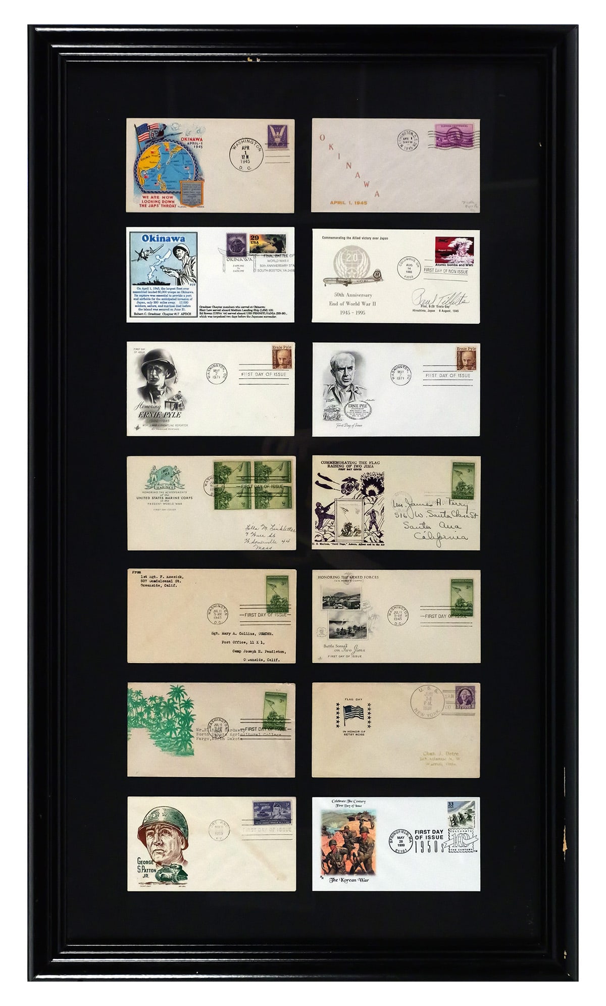 Paul Tibbets Signed WWII & Military Covers: Framed collection of 14 U.S. military and commemorative postal covers, highlighted by a 1995 50th Anniversary End of World War II cover signed by Paul Tibbets, pilot of the B-29 Enola Gay during the