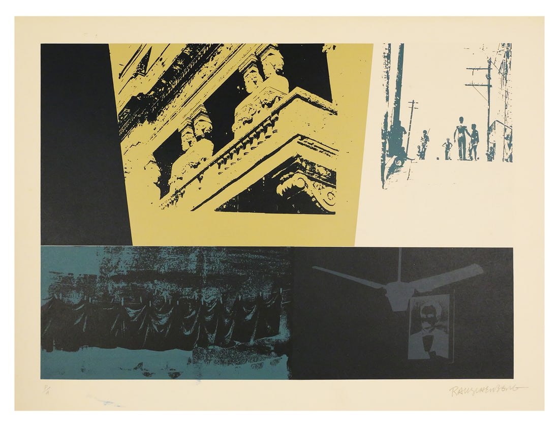 RAUSCHENBERG 1988 ROCI CUBA Print: Screenprint created for the ROCI (Rauschenberg Overseas Culture Interchange) Cuba exhibitions in 1988 by Robert Rauschenberg, signed in pencil lower right and numbered P/A, image measures 16-1/2" x 32