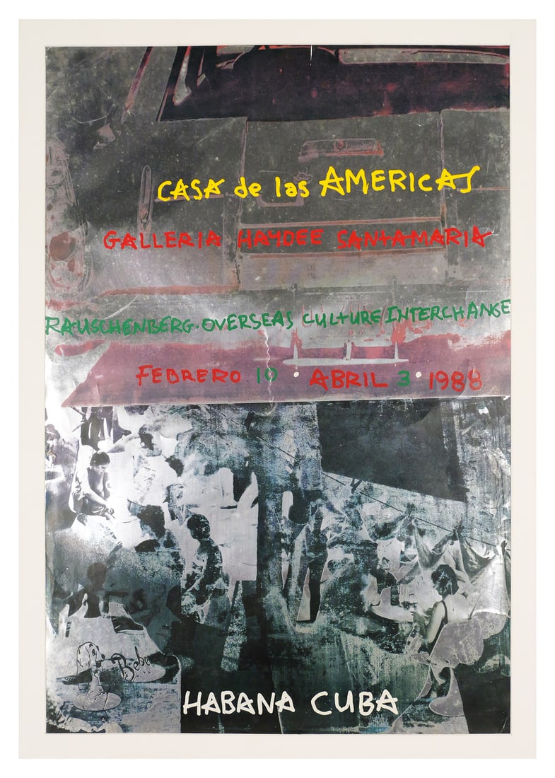 RAUSCHENBERG 1988 Exhibition Poster: Off-set lithograph and screenprint on silver foiled paper for a 1988 Robert Rauschenberg Exhibition ROCI Cuba at Casa de las Americas, Galleria Haydee Santamaria, ROCI - Rauschenberg Overseas Culture