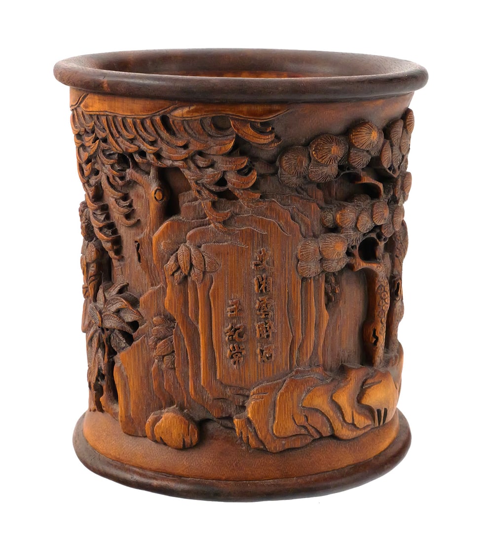 Antique Chinese Carved Bamboo Bitong Brush Pot: Antique Chinese Carved Bamboo Brush Pot Bitong Landscape Garden Scene. Measures approx 6-1/2" tall x 5-3/4" wide. This item can be shipped in-house. Multiple lot combined shipping may require 3rd