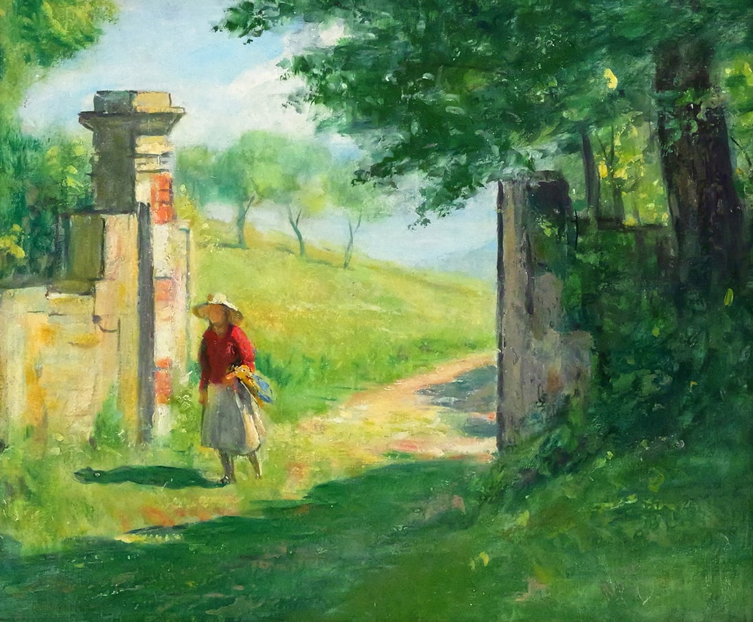 EMILE DELOBRE Figure in Landscape Ptg: Oil on board of Woman at the Gate of St. Croix by Emile Delobre (French, 1873-1956), board measures 13" x 16" frame measures 21-3/4" x 24-1/2". This item will need to be shipped by a packing company