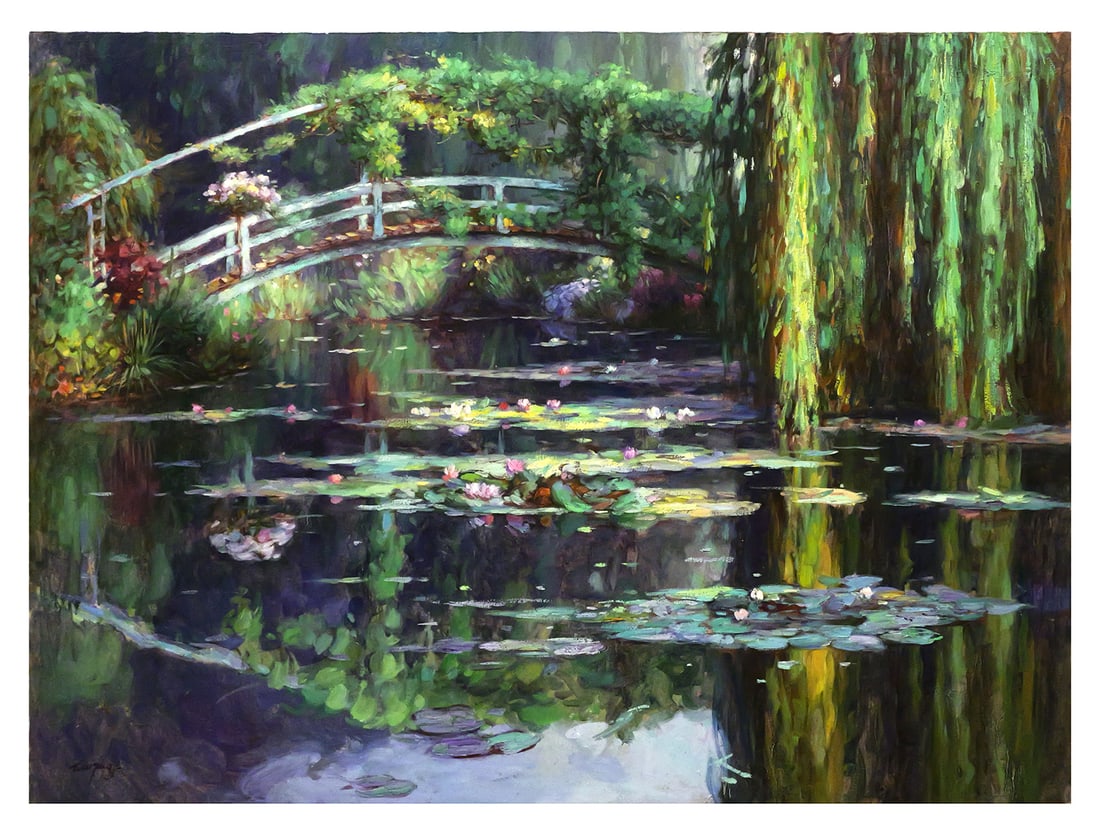 CAO YONG, Original Oil on Canvas Painting: Large, unframed oil on canvas by contemporary artist Cao Yong (Chinese, 1962-2023) depicting a garden pond scene with a foot bridge, lily pads and flowers. (Biographical side note: Yong spent some