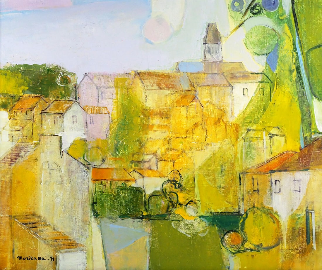 MORIKAWA Midcentury Cityscape: Oil on canvas painting of an abstracted cityscape in yellow and green tones, signed lower left Morikawa or Morikama '71. Images measures 18" x 21-1/2" frame measures 27" x 30-1/2". This item will