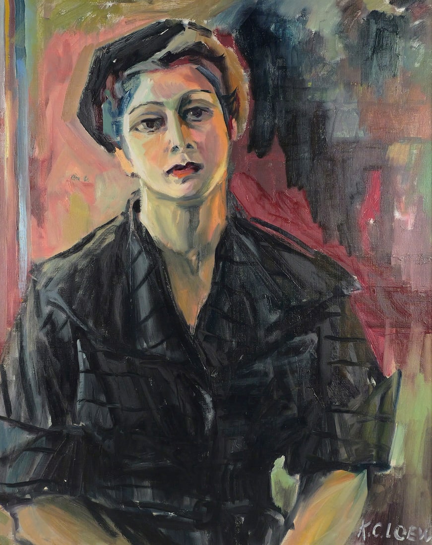 KURT CONRAD LOEW Portrait of a Woman: Oil on canvas portrait painting of a woman, signed lower left K. C. Loew, Austrian artist, 1914-1980. Image measures 29-1/2" x 23-1/2" frame measures 34-1/2" 28-1/2". This item will need to be