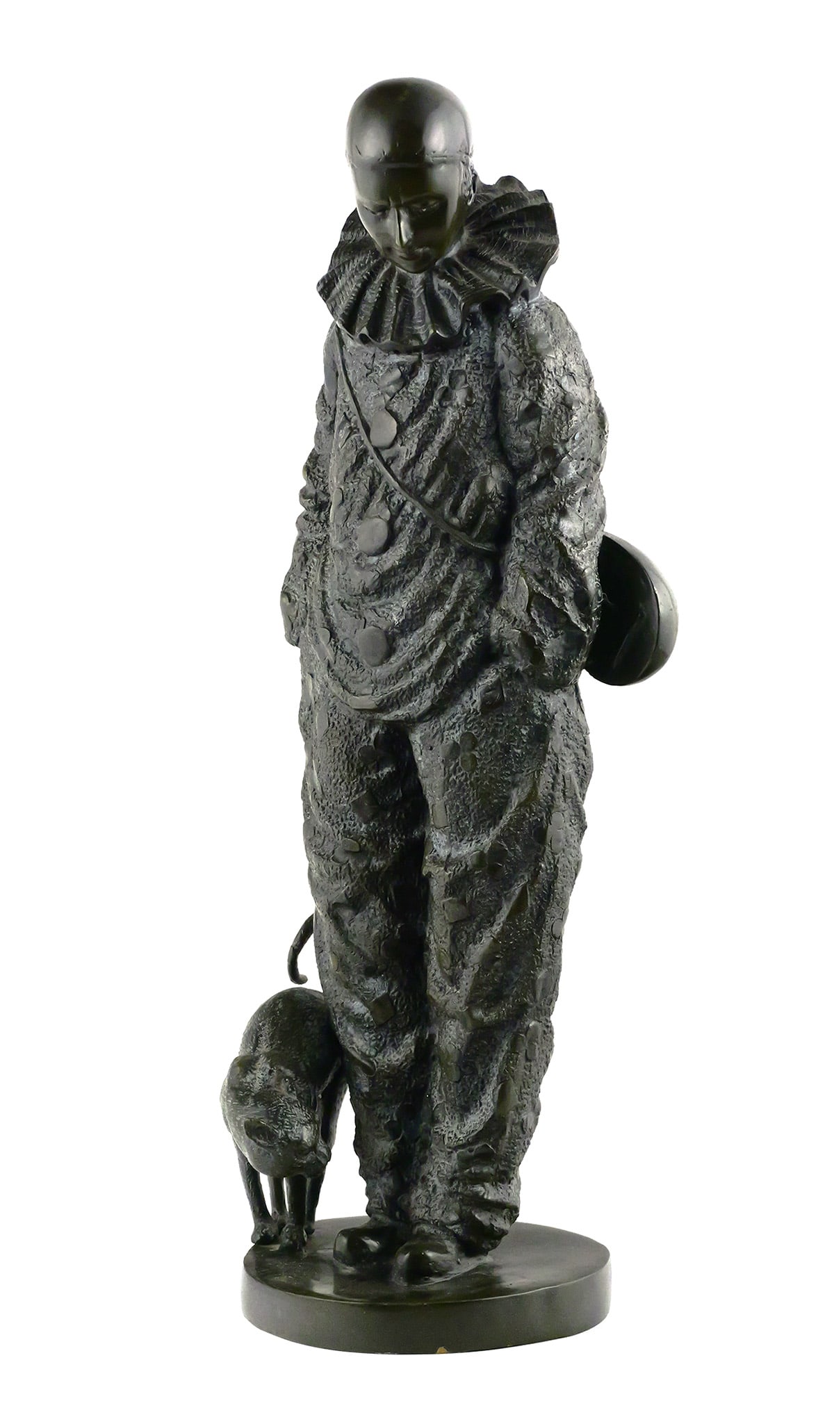 Large Bronze Pierrot Clown & Cat Sculpture: Large bronze figural sculpture depicting Pierrot in traditional clown costume with ruff collar, carrying a stringed instrument on his back and standing beside a cat. Hollow cast construction with